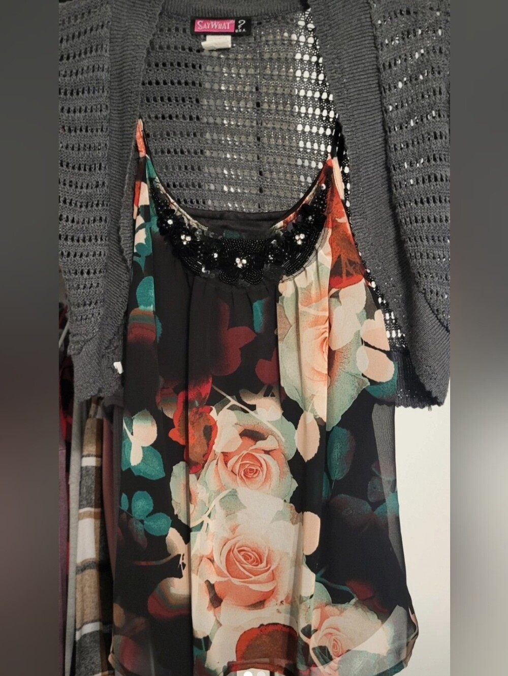 Candies Floral Beaded-Neck Chiffon Camisole in Black and Peach